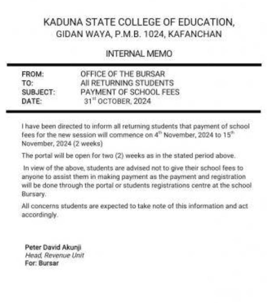 KADUNA COE NOTICE TO ALL RETURNING STUDENTS ON PAYMENT OF SCHOOL FEES