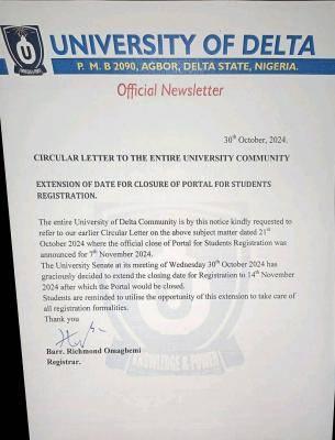 UNIDEL EXTENDS THE  DATE FOR THE CLOSURE OF PORTAL FOR STUDENTS REGISTRATION
