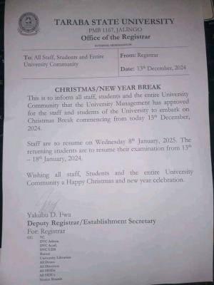 TSU NOTICE OF CHRISTMAS AND NEW YEAR BREAK