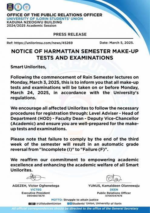 UNILORIN SUG NOTICE OF HARMATTAN SEMESTER MAKE-UP TEST AND EXAMINATIONS