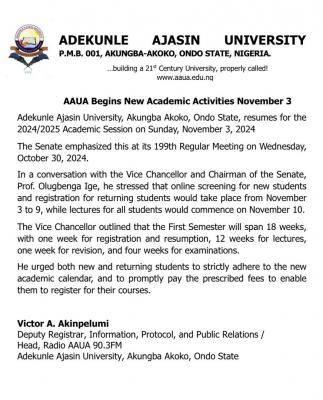 AAUA BEGINS NEW ACADEMIC SESSION NOVEMBER 3rd