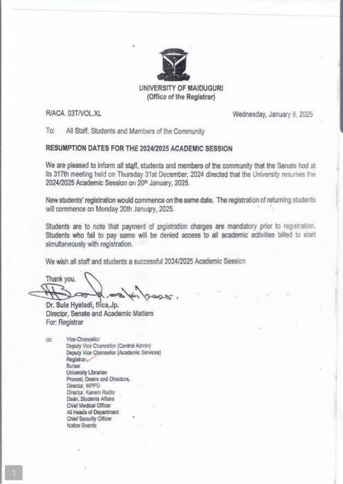 UNIMAID RESUMPTION OF ACADEMIC ACTIVITIES FOR 2024/2025 SESSION