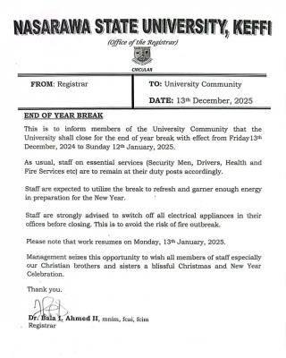 NSUK NOTICE ON END OF THE YEAR BREAK