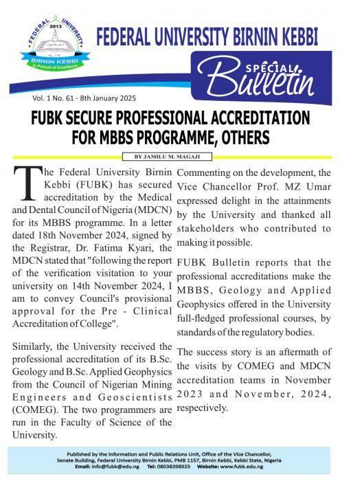 FUBK GETS PROFESSIONAL ACCREDITATION FOR MBBS PROGRAMME AND OTHERS
