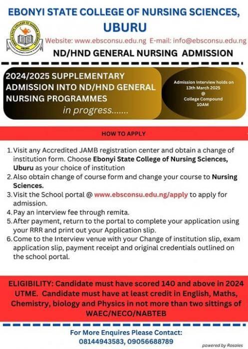 EBONYI STATE COLLEGE OF NURSING SCIENCE. ND/HND SUPPLEMENTARY ADMISSION, 2024/2025