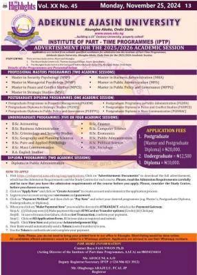 AAUA RELEASES SUPPLEMENTARY POSTGRADUATE ADMISSION FORM, 2024/2025